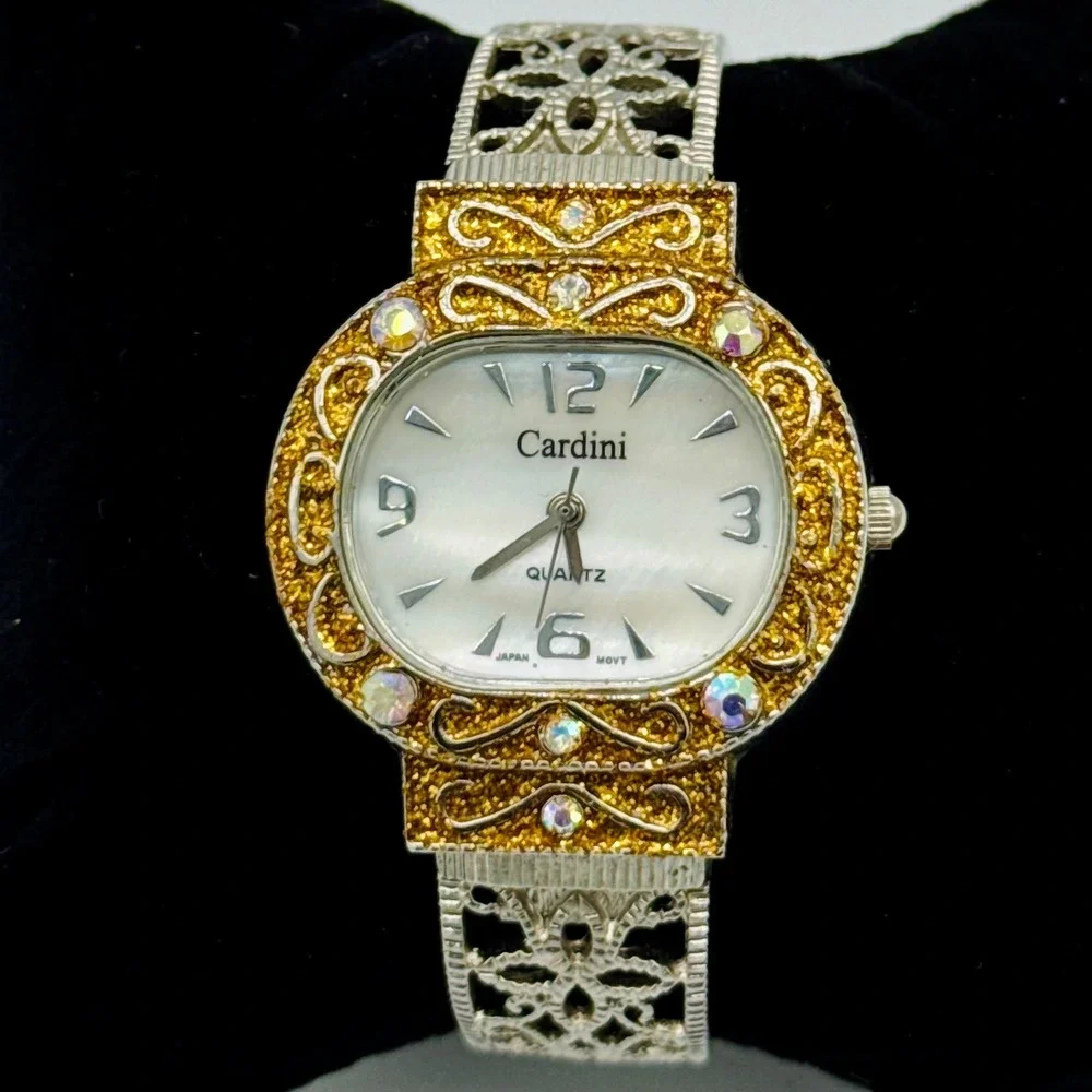 Cardini Two Tone Watch Crystal Gold‎ Silver Filigree Bangle Coquette Statement